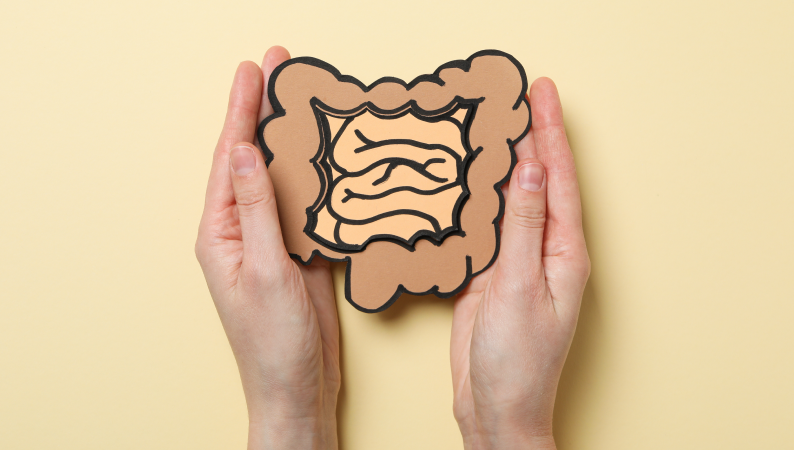 Zdrowie jelit a samopoczucie – ilustracja układu pokarmowego jako symbol równowagi jelit i dobrego nastroju.